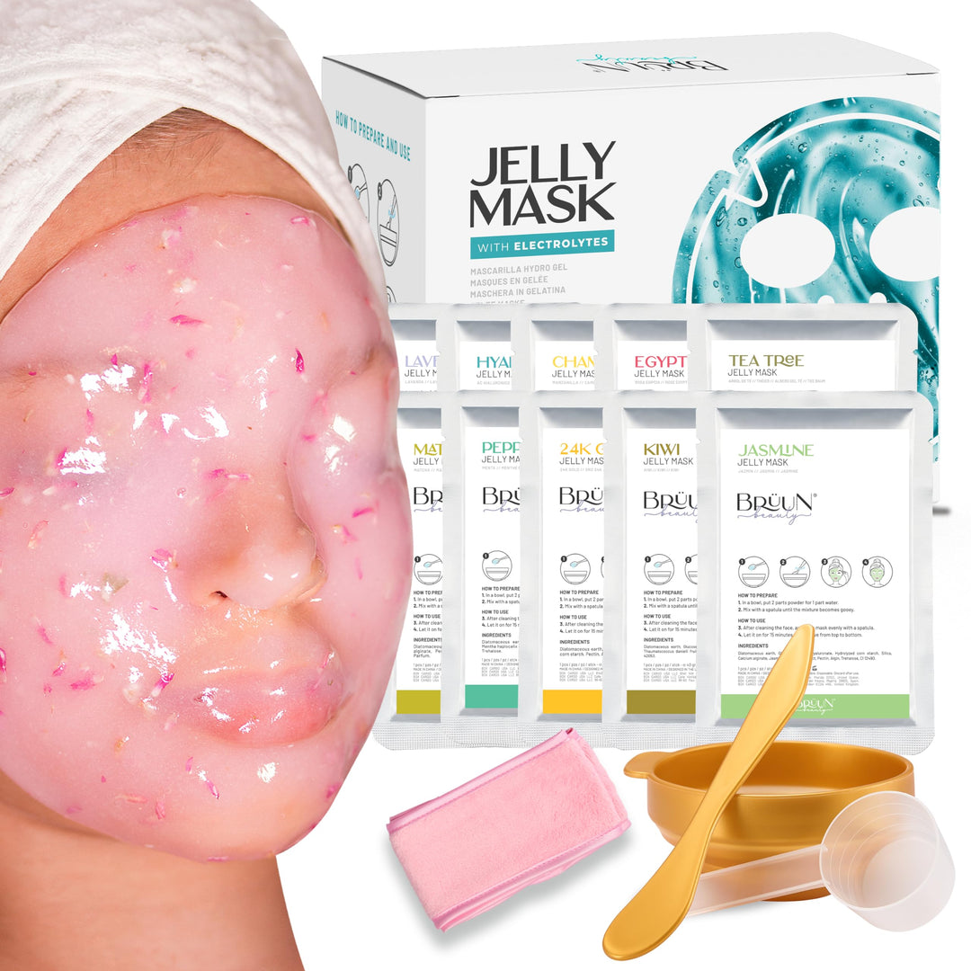 Brun Peel-Off Jelly Mask Hydrating Premium Modeling Rubber Mask Spa Set - 10 Treatments (24K Gold, Lavender, Kiwi, Peppermint, E