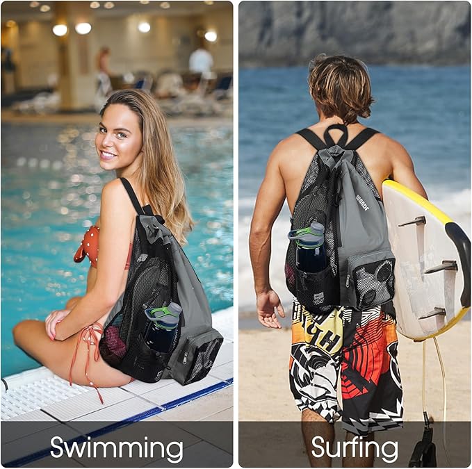 WANDF Swim Bag Mesh Drawstring Backpack with Wet Pocket for Swimming, Gym, and Workout Gear