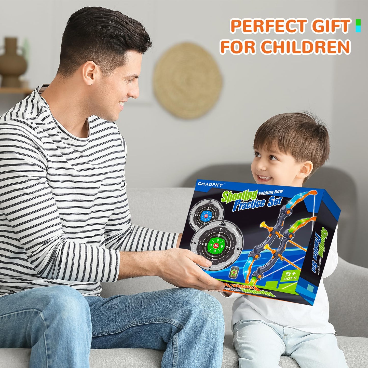 GMAOPHY Bow and Arrow for 5 6 7 8 9 10 11+ Year Old Boys, Birthday Gift for Kids, Indoor Outdoor Activity Toys, 2 Pack LED Light Up Archery Toy with 20 Suction Cup Arrows, Standing Target, 2 Quiver