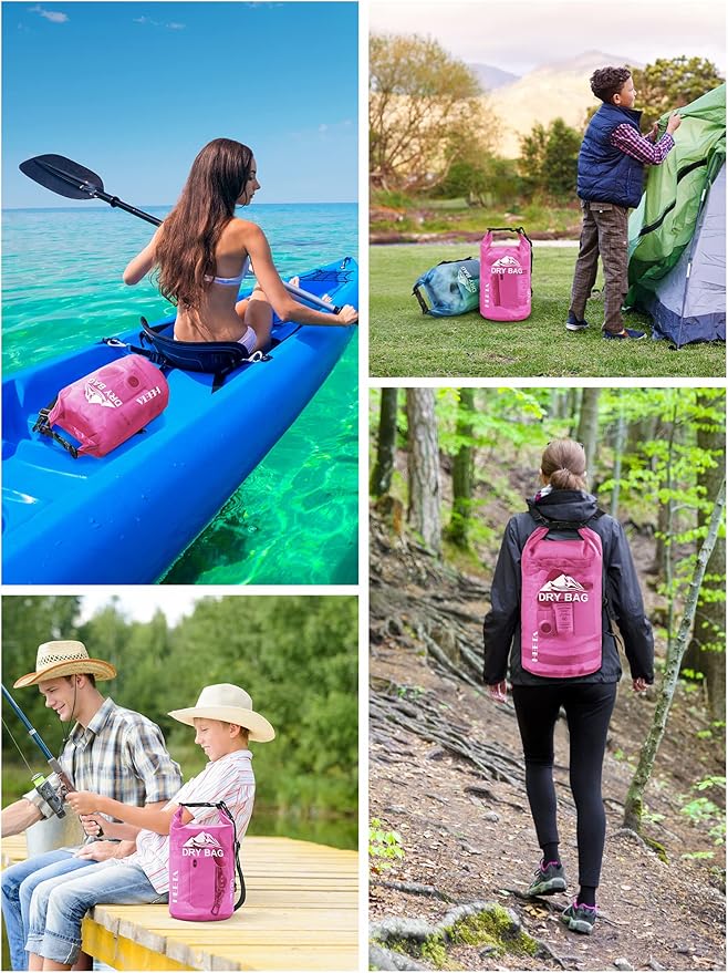 HEETA Waterproof Dry Bag with Phone Case Bundled with Upgraded Dry Bag with Zippered Pocket for Women & Men, Roll Top Lightweight Dry Storage Bag Backpack for Kayaking, Boating, Camping (Pink 5L)
