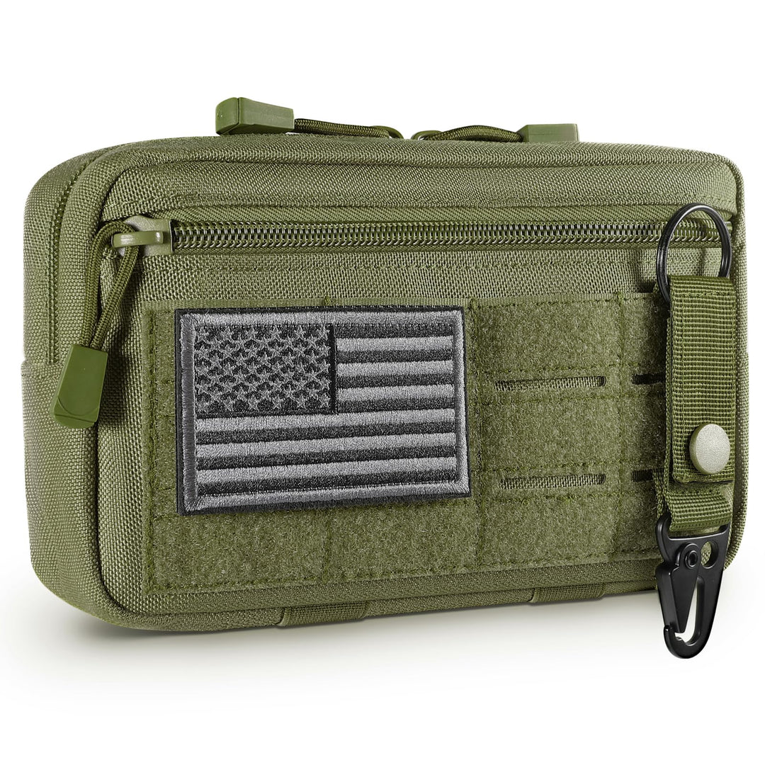 FRTKK Tactical Molle Admin Pouch Utility Laser Cut EDC Tool Pouch Bag Horizontal Modular Pouches Include US Flag Patch and Keychain (Army Green)