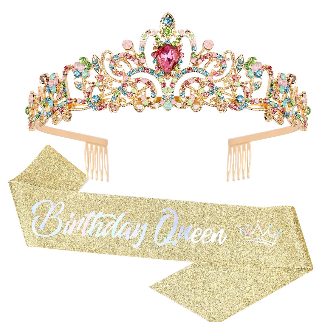 Cocide ''Birthday Queen'' Sash And Crystal Tiara Set Tiara And Crowns For Women Birthday Gift For Girl Kit Decorations Set Rhine