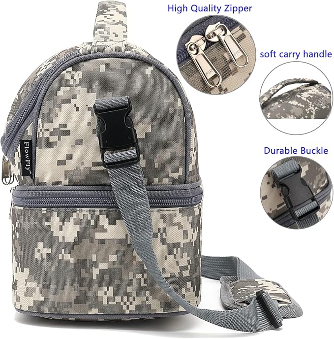 FlowFly Kids Double Decker Cooler Insulated Lunch Bag Large Tote for Boys, Girls, Men, Women, With Adjustable Strap, Digital Camo