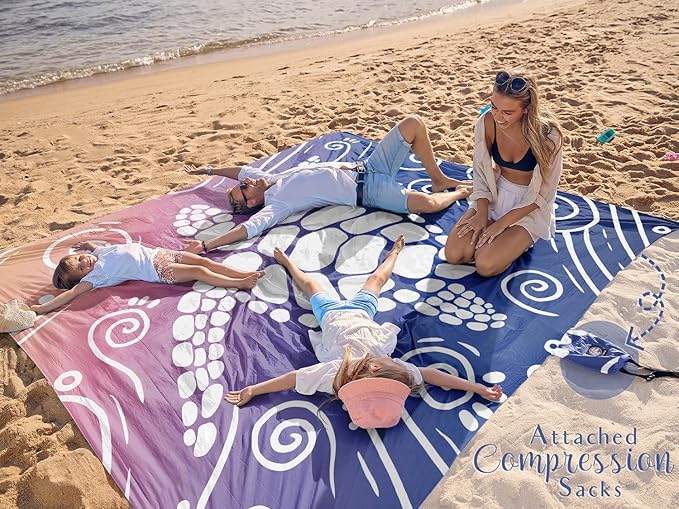 WEKAPO Beach Blanket Waterproof Sandproof Oversized Extra Large Sand Free Beach Mat with Stakes, Storage Bag - Essentials for Outdoor Beach, Picnic (Deep Blue Sea Turtle, 11 X 9 FT (1~10 Person))