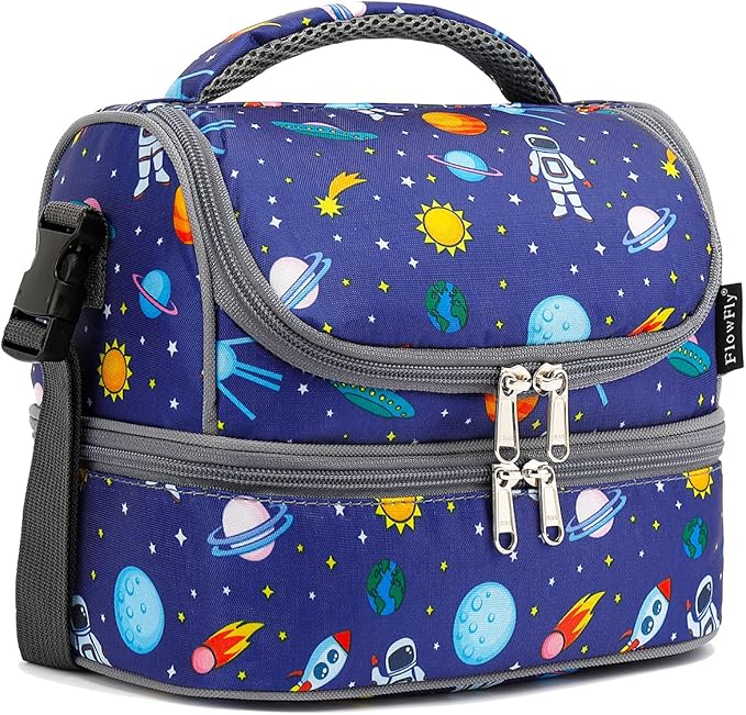 FlowFly Kids Double Decker Cooler Insulated Lunch Bag Large Tote for Boys, Girls, Men, Women, With Adjustable Strap, Astronaut