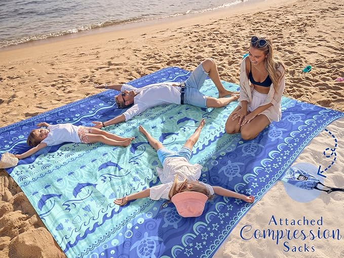 WEKAPO Beach Blanket Waterproof Sandproof Oversized Extra Large Sand Free Beach Mat with Stakes, Storage Bag - Essentials for Outdoor Beach, Picnic (Bohemian Sealife, 11 X 9 FT (1~10 Person))