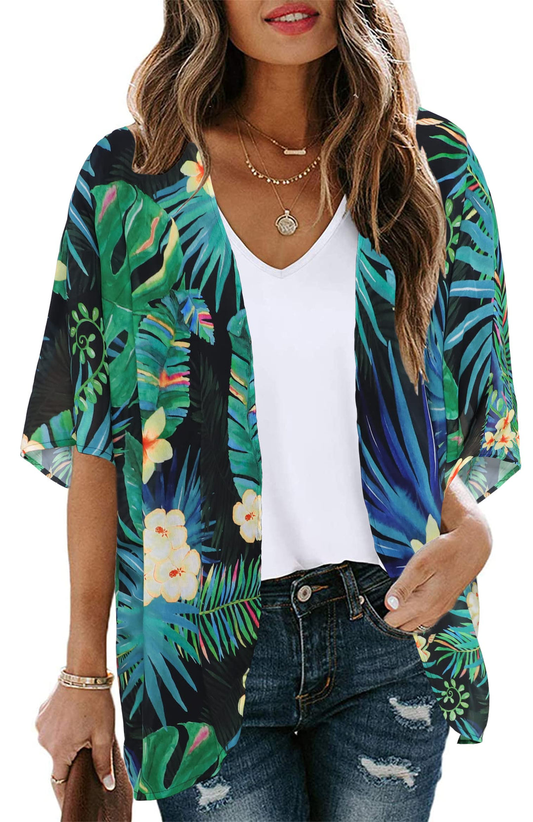 Womens Flowy Kimono Plam Leaf Patterns Cover ups Beachwear Summer tops(Blackgreen,S