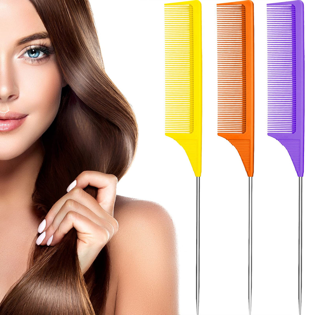 3 Packs Rat Tail Comb Steel Pin Rat Tail Carbon Fiber Heat Resistant Teasing Combs With Stainless Steel Pintail (Purple, Orange,