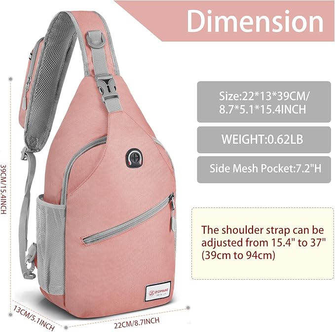 ZOMAKE Sling Bag for Women Men, Small Crossbody Sling Backpack, Mini Water Resistant Shoulder Daypack for Travel, Anti Thief Chest Bag for Hiking, Sports, Pink(new)