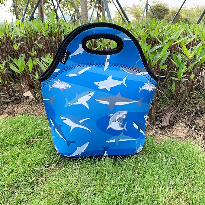 FlowFly Neoprene Kids Lunch box Insulated Soft Bag Mini Cooler Thermal Meal Tote Kit for Boys, Girls,Men,Women,School,Work, Office, Shark
