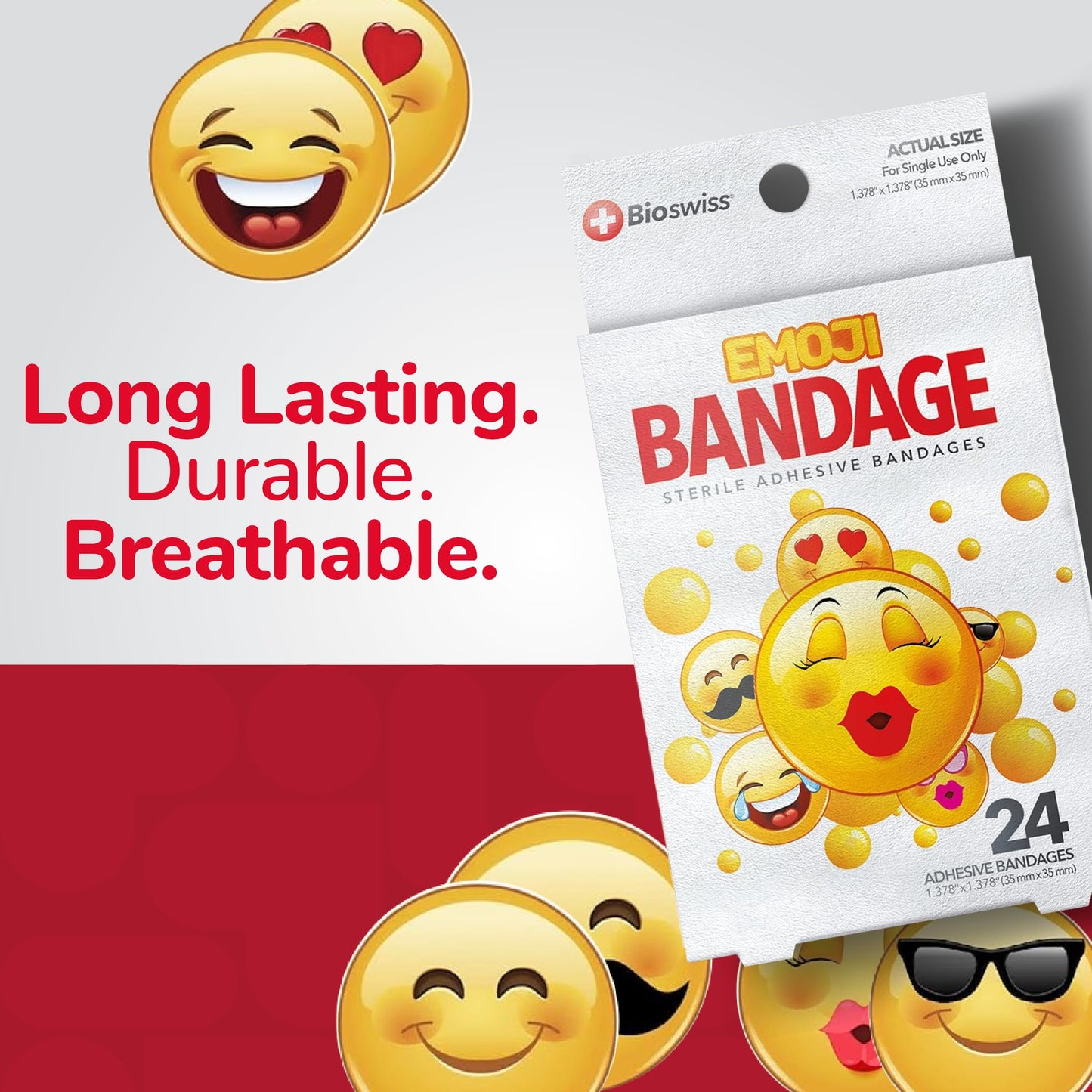 BioSwiss Bandages, Emoji Shaped Self Adhesive Bandage, Latex Free Sterile Wound Care, Fun First Aid Kit Supplies for Kids, 24 Count