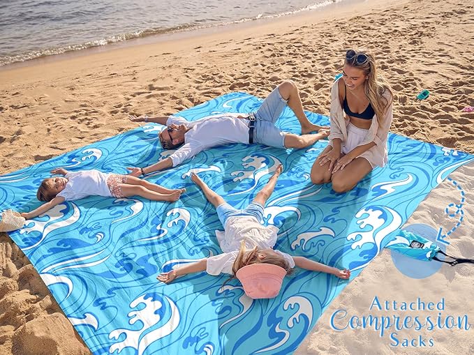 WEKAPO Beach Blanket Waterproof Sandproof Oversized Extra Large Sand Free Beach Mat with Stakes, Storage Bag - Essentials for Outdoor Beach, Picnic (Blue Ocean Waves, 11 X 9 FT (1~10 Person))