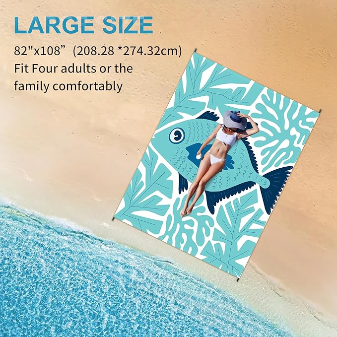 Large Beach Blanket Waterproof Sandproof 108"x 82" for 1-6 Adults,Quick Drying Beach Mat,Lightweight & Durable,Beach Essentials for Family Beach Camping Travel Picnic