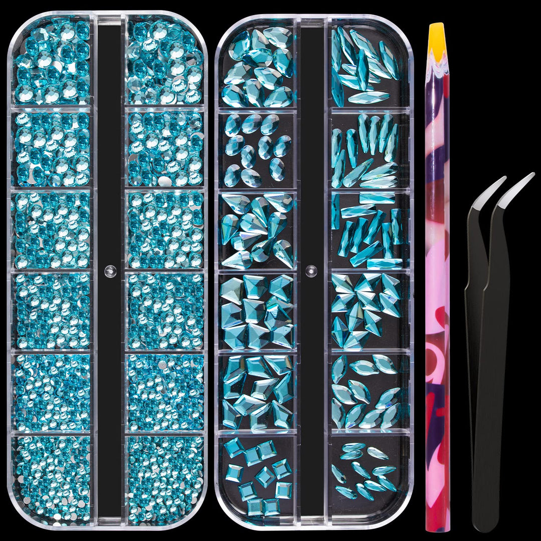 Multi Shapes Lake Blue 3D Glass Crystal Nail Art Rhinestones Kit With Flatback Round Bead Charm Gem Stone Jewelry Diamond With P