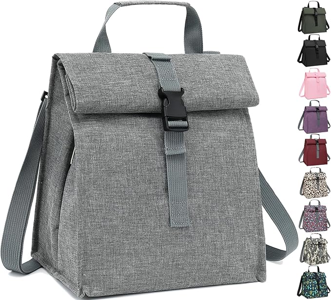 Insulated Lunch Bag for Men/Women/Kids, Roll top Reusable Lunch Box with Adjustable Shoulder Strap, Thermal Lunch Cooler Tote Container for Adults/Teens School Work Office Picnic,Grey