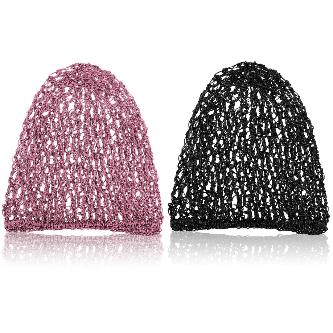 Waydress 2 Pieces Mesh Hair Net Rayon Knit Snood Women Crocheted Sleep Cap (Black And Pink)