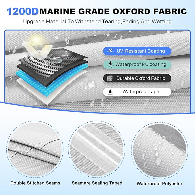 Boat Cover 16-18.5ft, Bass Tracker Boat Cover with Sand Bag Mooring Kit, 1200D Marine Canvas Waterproof Heavy Duty Boat Covers for 16 feet 17ft 18' Foot V Hull Bass & Runabout Boat,Gray