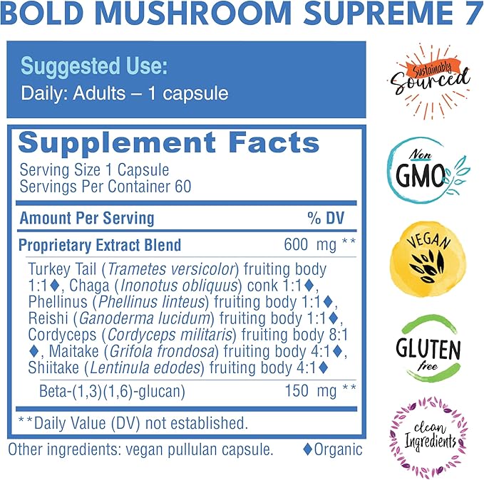 Mushroom Supreme 7 – Mushroom Supplement – Organic Extracts of Turkey Tail, Chaga, Phellinus, Reishi, Cordyceps, Maitake, Shiitake for Immune Support & Optimal Wellness, 60 Caps