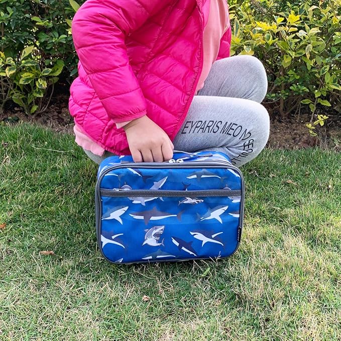 FlowFly Kids Lunch box Insulated Soft Bag Mini Cooler Back to School Thermal Meal Tote Kit for Girls, Boys, Shark