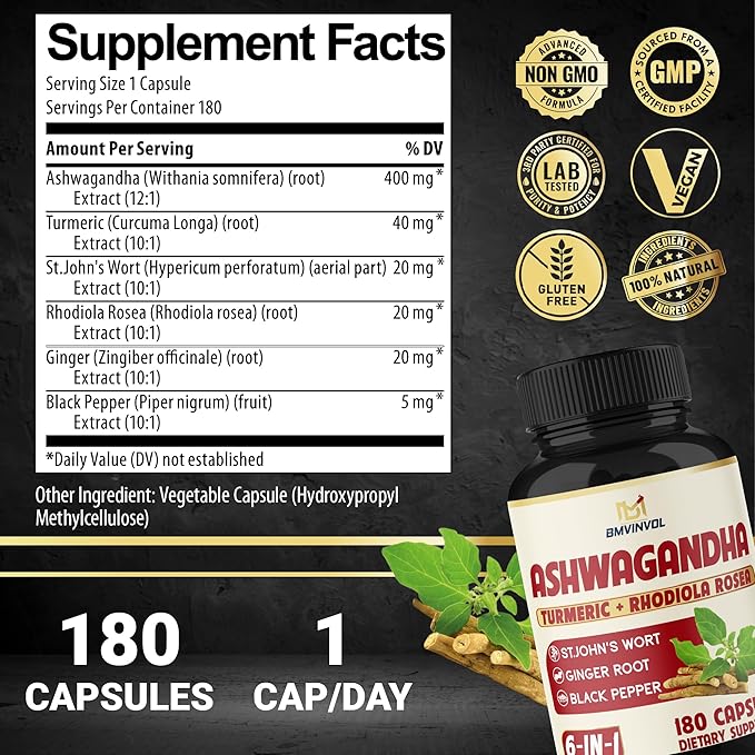 Ashwagandha Capsules with Turmeric, St.John's Wort, Rhodiola Rosea, Ginger, and Black Pepper - 180 Count - 6 Month Supply