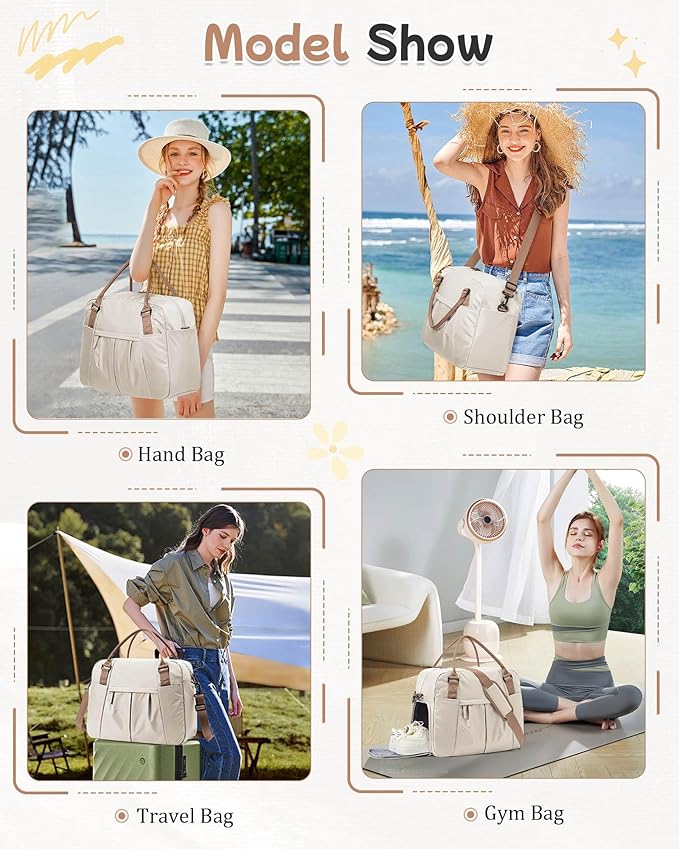 Gym Bag for Women, Large Travel Duffel Carry on Bag with Trolley Sleeve, Waterproof Weekender Bags with Shoe Compartment, Workout Overnight with Dry Wet Separated Pocket, Beige