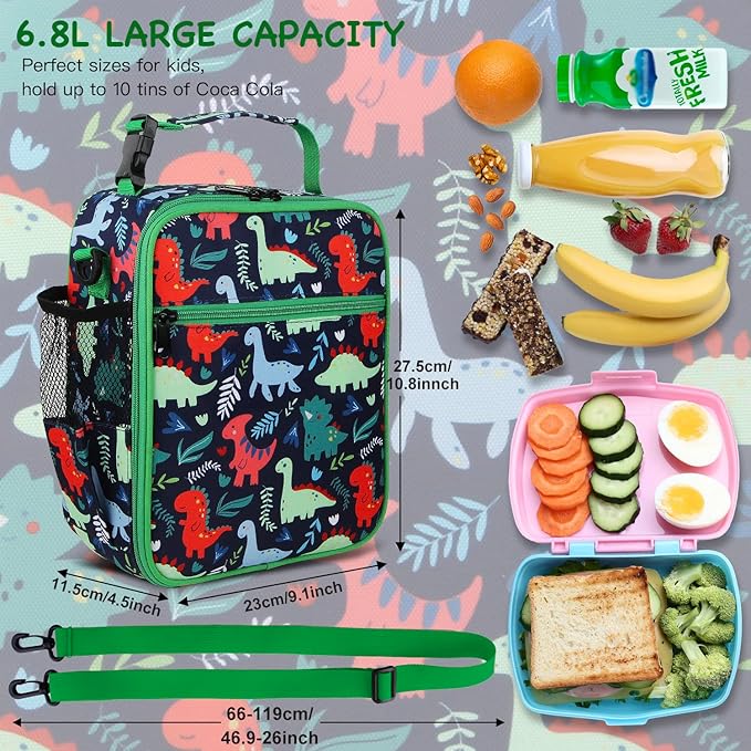 Kids Insulated Lunch Box Bag, Thermal Picnic Cool Bags with Adjustable Strap for Adults Children Women Men Boys Girls School Work (Dinosaur)