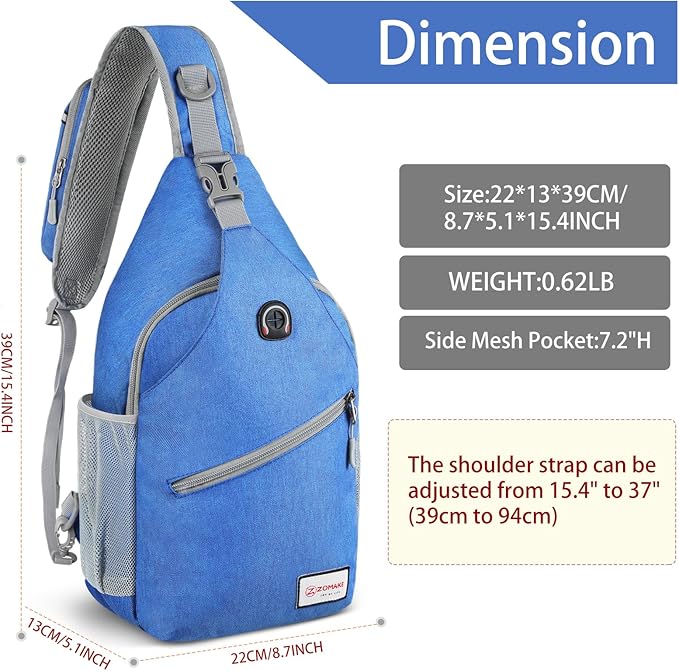 ZOMAKE Sling Bag for Women Men, Small Crossbody Sling Backpack, Mini Water Resistant Shoulder Daypack for Travel, Anti Thief Chest Bag for Hiking, Sports(Blue)