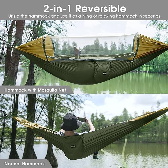 G4Free Large Camping Hammock with Mosquito Net 2 Person Pop-up Parachute Lightweight Hanging Hammocks Tree Straps Swing Bed for Outdoor Backpacking Backyard Hiking