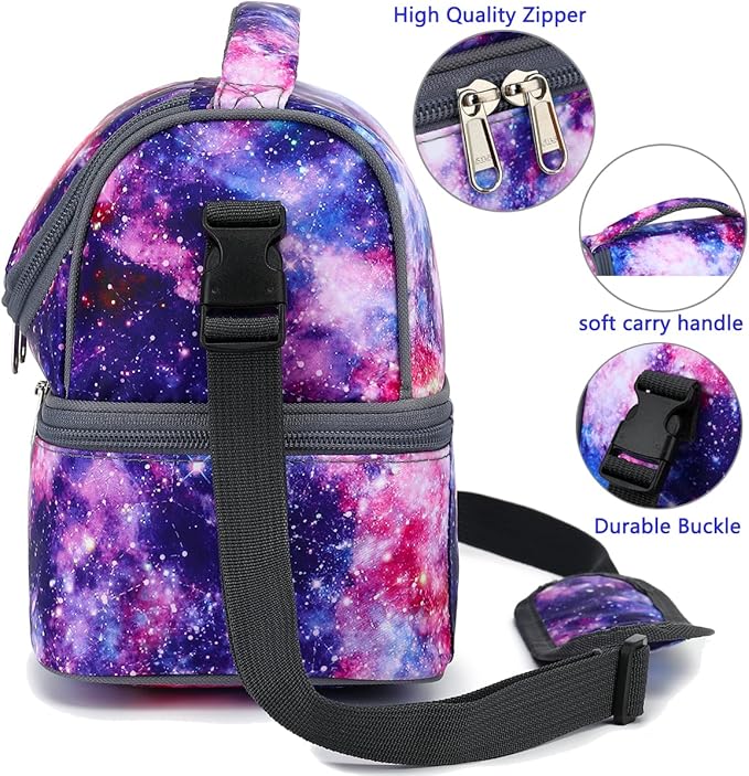 FlowFly Double Decker Cooler Insulated Lunch Bag Large Tote for Boys, Girls, Men, Women, With Adjustable Strap,Galaxy