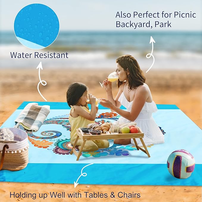Large Beach Blanket Waterproof Sandproof 79"x 83" for 1-4 Adults,Quick Drying Beach Mat,Lightweight & Durable,Beach Essentials for Family Beach Camping Travel Picnic (Sea Horse)