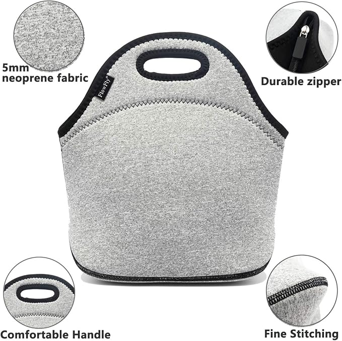 FlowFly Neoprene kids Lunch box Insulated Soft Bag Mini Cooler Thermal Meal Tote Kit for Boys, Girls,Men,Women,School,Work, Office, Grey