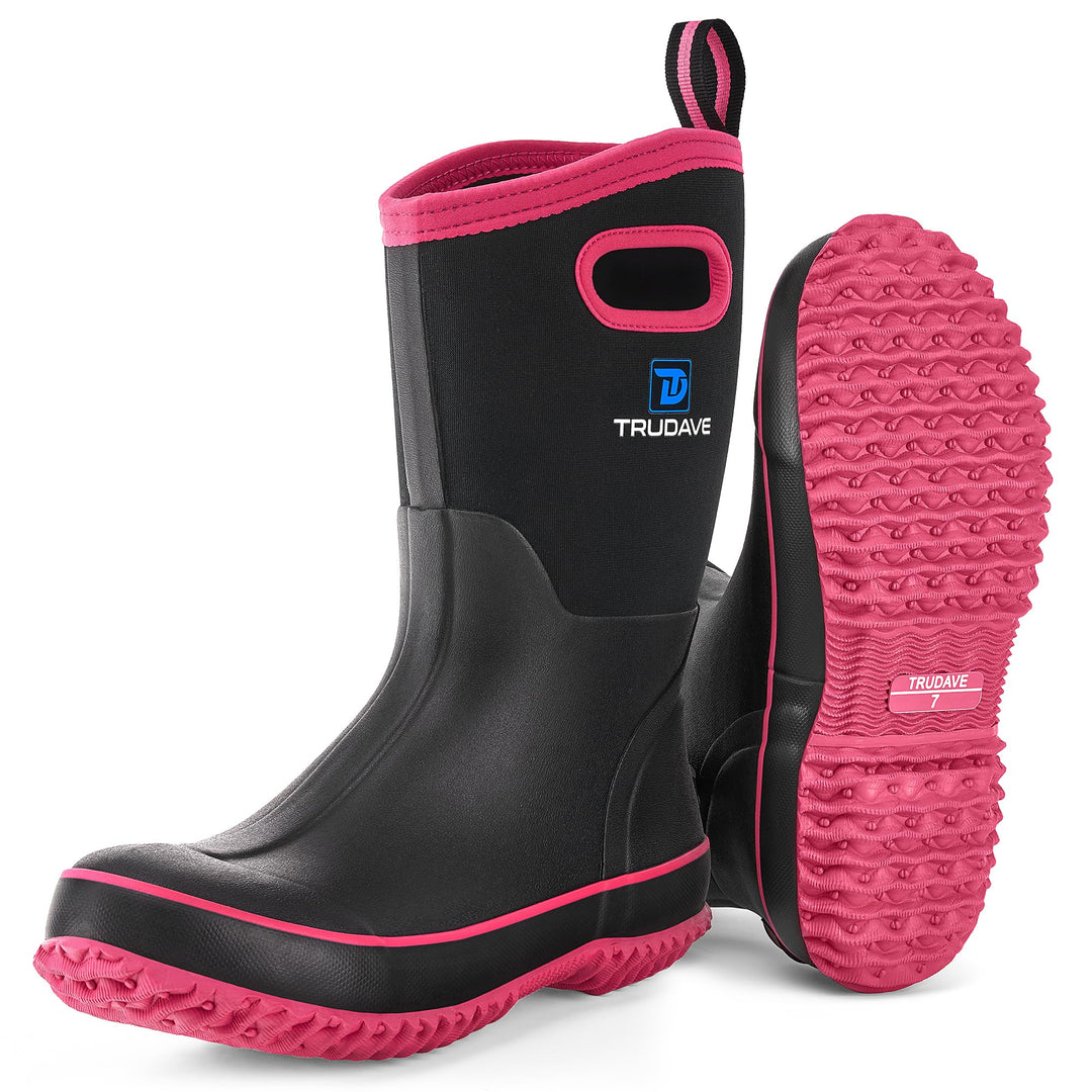 Trudave Rubber Boots for Women, Mid Calf Rain Boots, Womens Waterproof Boots, Neoprene Insulated Work Boots, Outdoor Mud Boots for Hunting Farming Gardening Fishing, Pink, Size 5