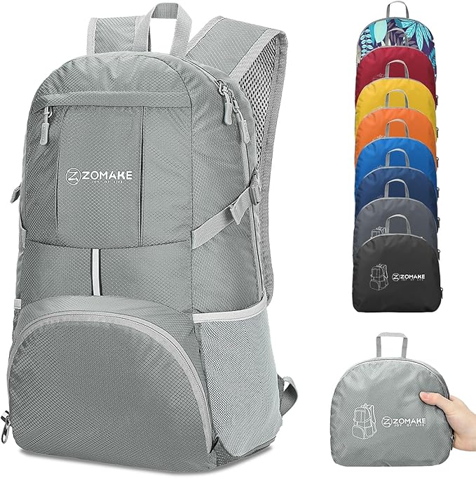 ZOMAKE Lightweight Packable Backpack 35L, Light Foldable Backpacks Water Resistant Collapsible Hiking Bag, Compact Folding Day Pack for Travel Camping(Sliver Grey)
