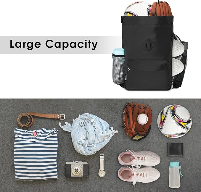 WANDF Drawstring Backpack Sports Gym Bag with Shoes Compartment, Water-Resistant String Backpack Cinch for Women Men (Small,Black)