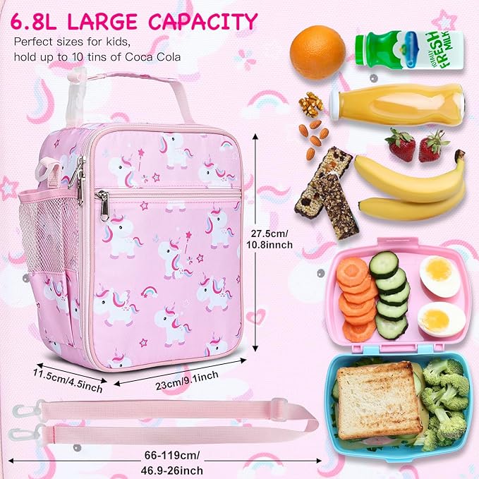 Kids Insulated Lunch Box Bag, Thermal Picnic Cool Bags with Adjustable Strap for Adults Children Women Men Boys Girls School Work (Pink HorsePony)