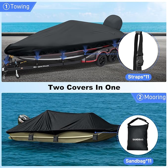 Boat Cover 17-19ft,Bass Tracker Boat Cover with Sand Bag Mooring Kit,1200D Marine Canvas Waterproof Heavy Duty Boat Covers for 17 feet 18ft 19' Foot V Hull Bass & Runabout Boat,Black