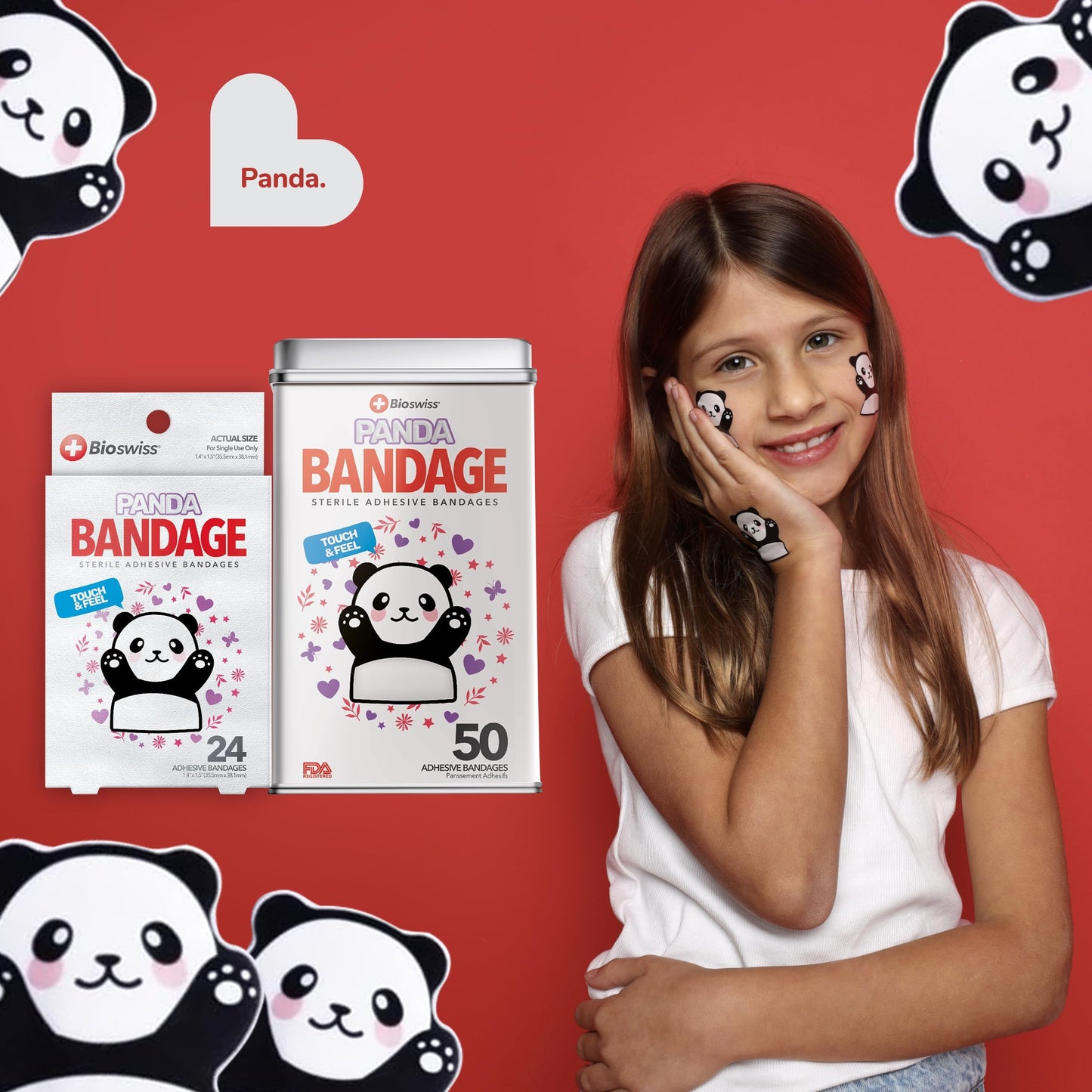 BioSwiss Bandages, Kids Self Adhesive Bandages, Animal Shaped Latex Free Sterile Wound Care Bandage Pack, 24 Count, Panda