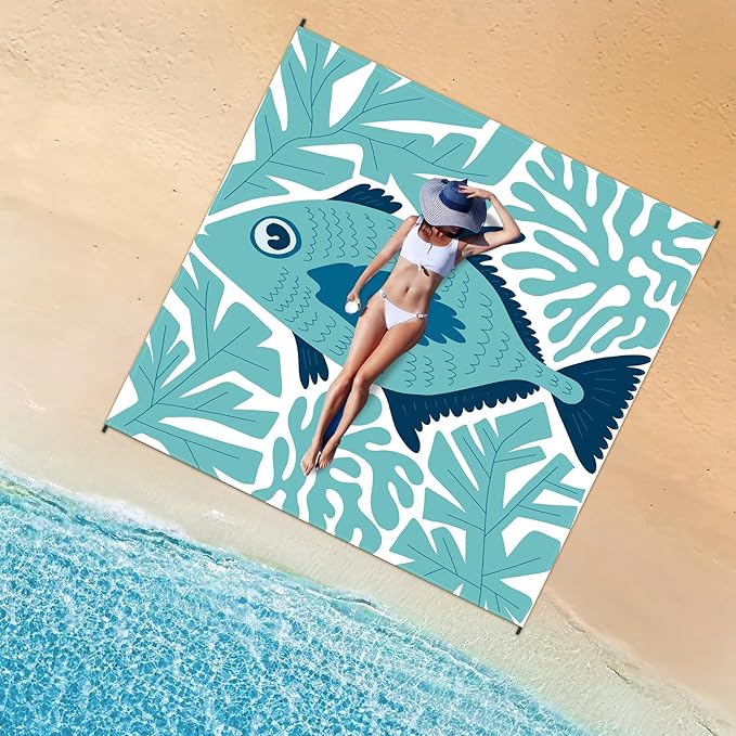 Large Beach Blanket Waterproof Sandproof 79"x 83" for 1-4 Adults,Quick Drying Beach Mat,Lightweight & Durable,Beach Essentials for Family Beach Camping Travel Picnic(Green Fish)