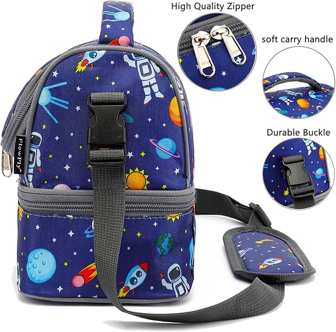 FlowFly Kids Double Decker Cooler Insulated Lunch Bag Large Tote for Boys, Girls, Men, Women, With Adjustable Strap, Astronaut
