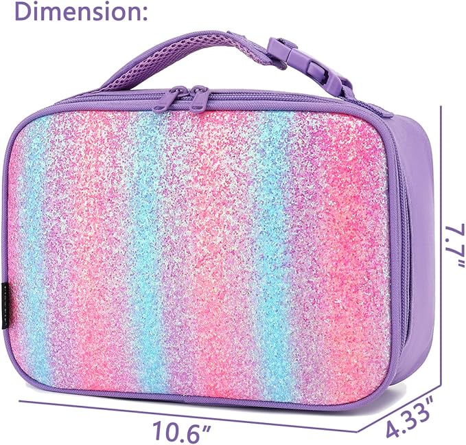 FlowFly Kids Lunch box Insulated Soft Bag Mini Cooler Back to School Thermal Meal Tote Kit for Girls, Boys,Purple#Glitter