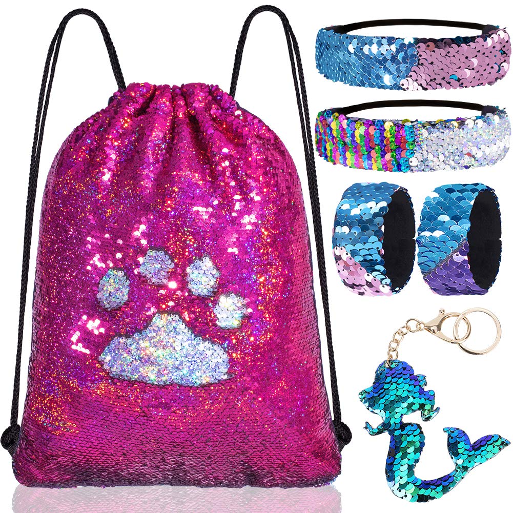 Mermaid Reversible Sequin Drawstring Backpack/Bag Iridescent Dotted Rose Red/Silver for Kids Girls One_Size