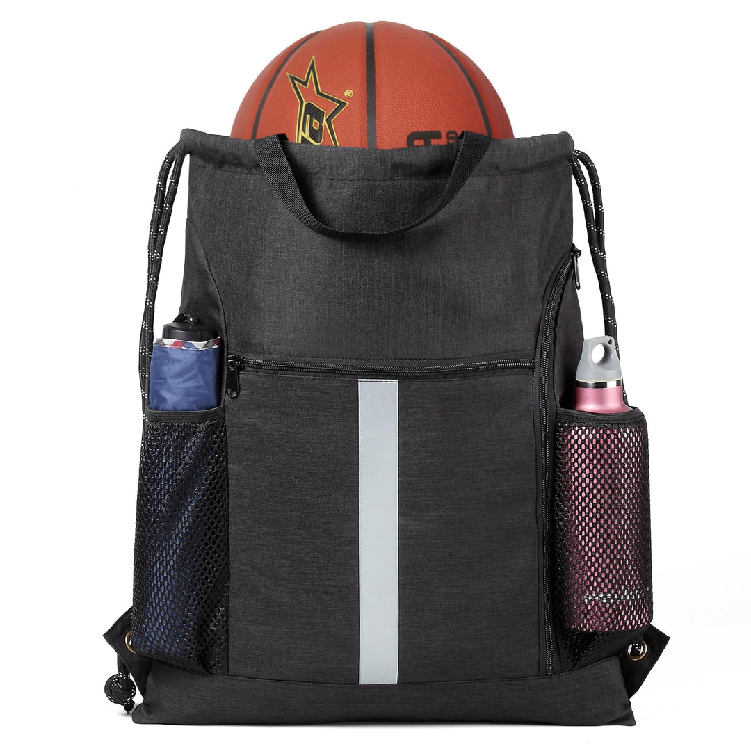 BeeGreen Mix-Black-Drawstring-Backpack-Bag, Large String Sack with Shoe Compartment and Two Side Mesh Pockets Lightweight Sturdy For Gym