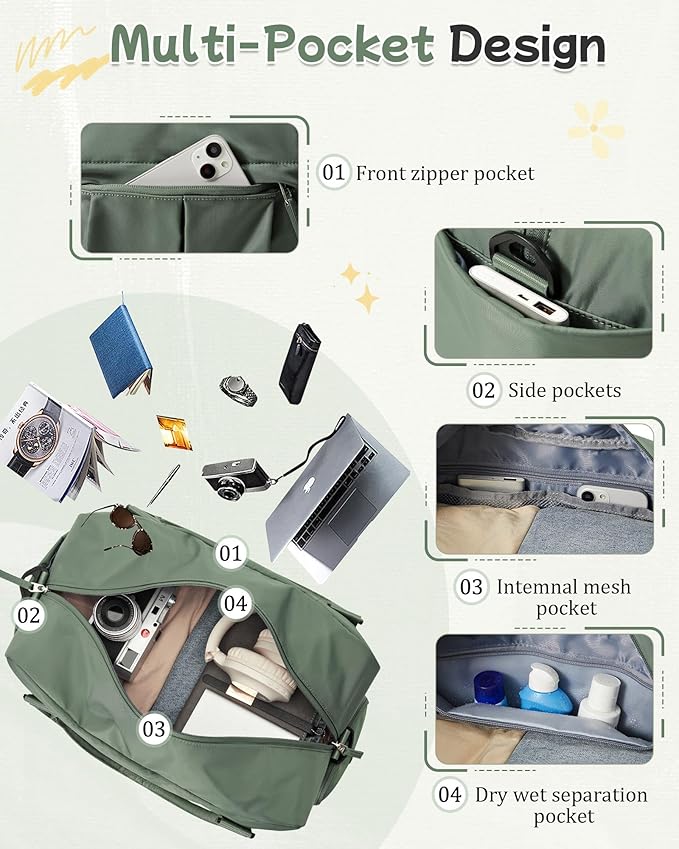 Travel Duffel Bag with Shoe Compartment, Large Weekender Bags for Women with Trolley Sleeve for Airplane, Waterproof Carry on Bag Sport Tote Bags Hospital Holdalls, Green