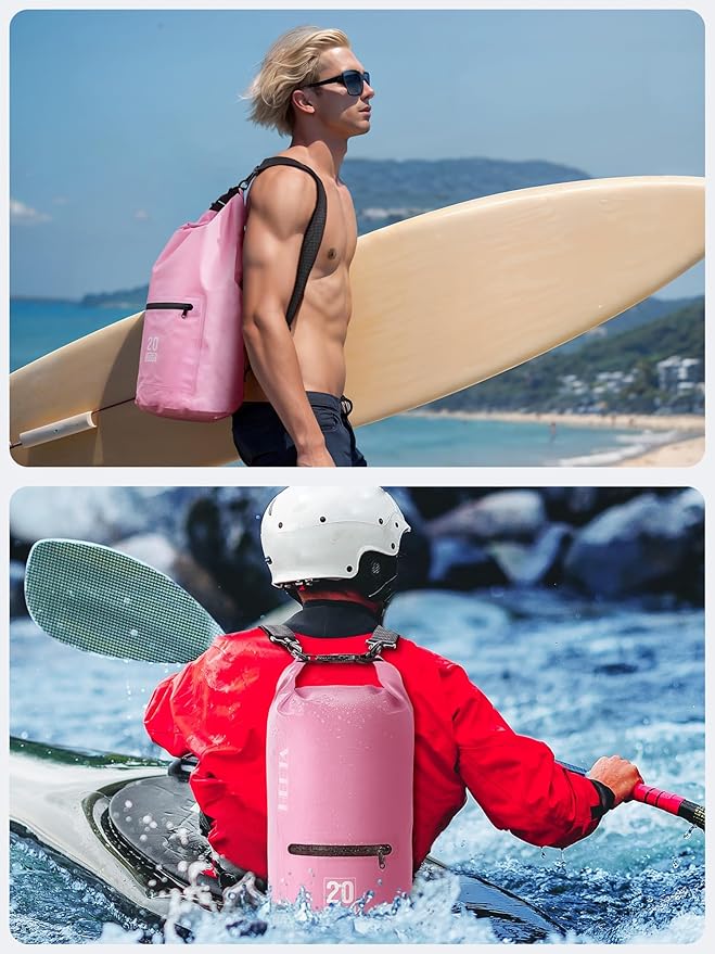 HEETA Waterproof Dry Bag with Front Zippered Pocket for Women Men, 5L/10L/20L/30L/40L Roll Top Lightweight Dry Storage Bag Backpack for Travel, Kayaking, Boating, Rafting, Camping, Hiking & Beach