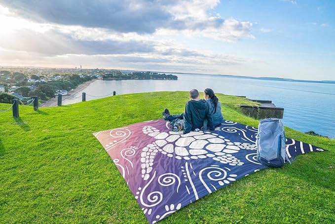WEKAPO Beach Blanket Waterproof Sandproof Oversized Extra Large Sand Free Beach Mat with Stakes, Storage Bag - Essentials for Outdoor Beach, Picnic (Deep Blue Sea Turtle, 8 X 7 FT (1~4 Person))