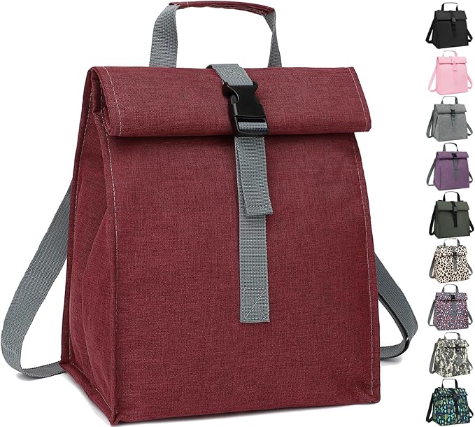 Insulated Lunch Bag for Men/Women/Kids, Roll top Reusable Lunch Box with Adjustable Shoulder Strap, Thermal Lunch Cooler Tote Container for Adults/Teens School Work Office Picnic,Red