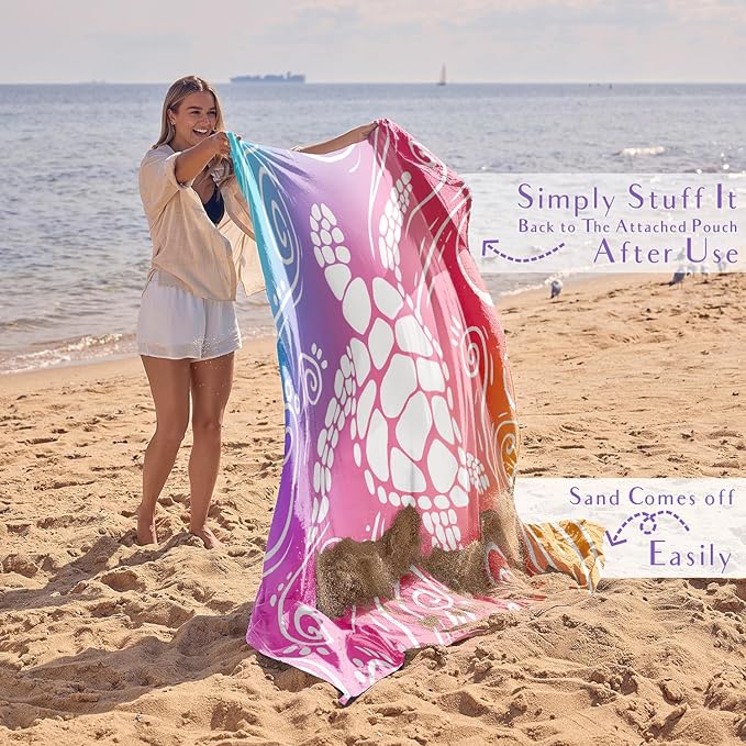 WEKAPO Beach Blanket Waterproof Sandproof Oversized Extra Large Sand Free Beach Mat with Stakes, Storage Bag - Essentials for Outdoor Beach, Picnic (Pinkish Purple Sea Turtle, 8 X 7 FT (1~4 Person))