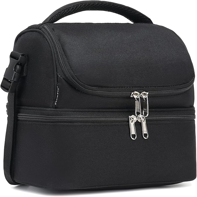 FlowFly Double Decker Cooler Insulated Lunch Bag Large Tote for Boys, Girls, Men, Women, With Adjustable Strap,Black