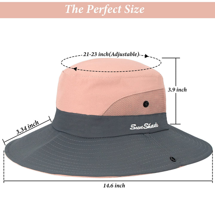 Women's Outdoor UV-Protection-Foldable Sun-Hats Mesh Wide-Brim Beach Fishing Hat with Ponytail-Hole (Pink)