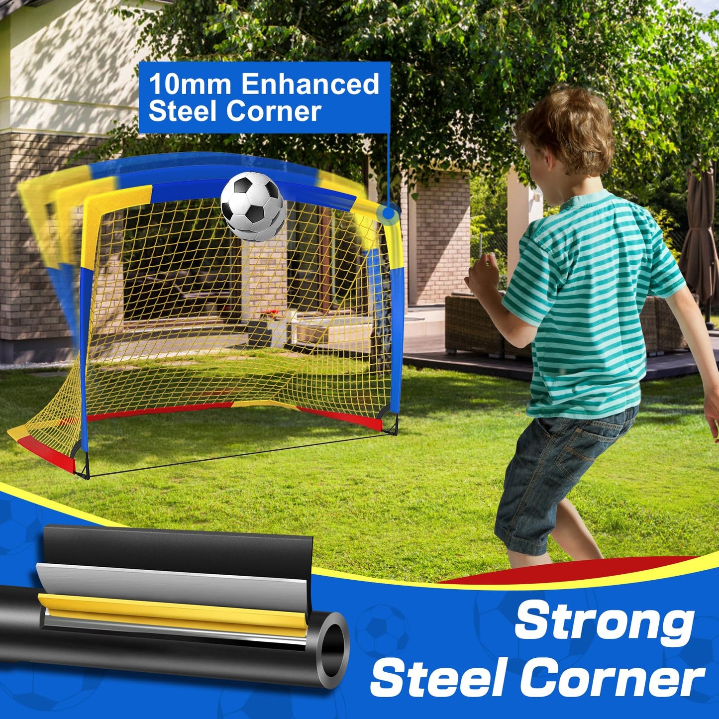 Dimples Excel Soccer Goals Kids Soccer Net for Backyard (4x3.1 FT 2 Set, Blue Yellow)